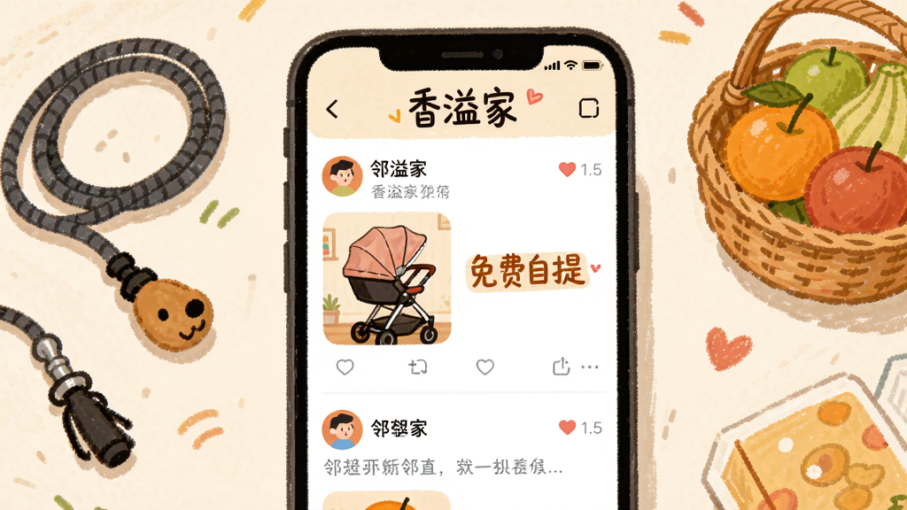 画面主体是手机屏幕显示“香溢家”的邻里圈界面,界面中展示了几条动态,有婴儿车图片和文字“免费自提”,旁边有邻居头像点赞。布局为手机居中,周围散落着一些生活小物件如狗绳、水果篮作为装饰。排版活泼,风格为温暖手绘风,细节丰富,画质干净,无多余元素。