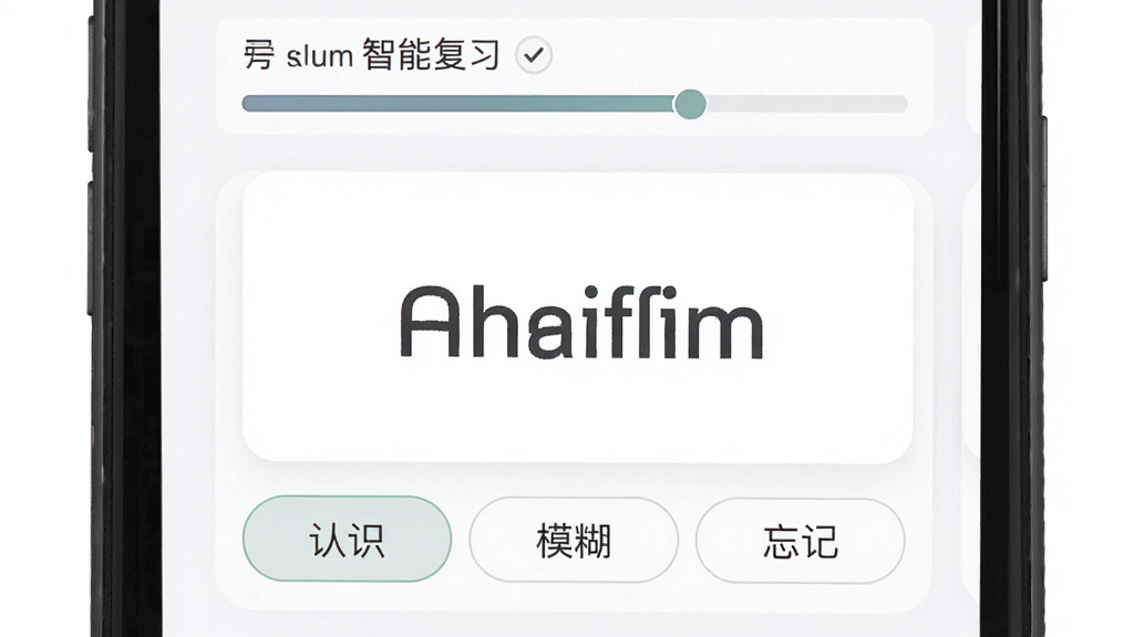 一叶单词智能复习界面,手机屏幕显示单词卡片,卡片下方有认识、模糊、忘记三个按钮,屏幕上方有今日复习进度条,风格简洁清晰,背景为白色,文字为深灰色,画质干净无多余元素