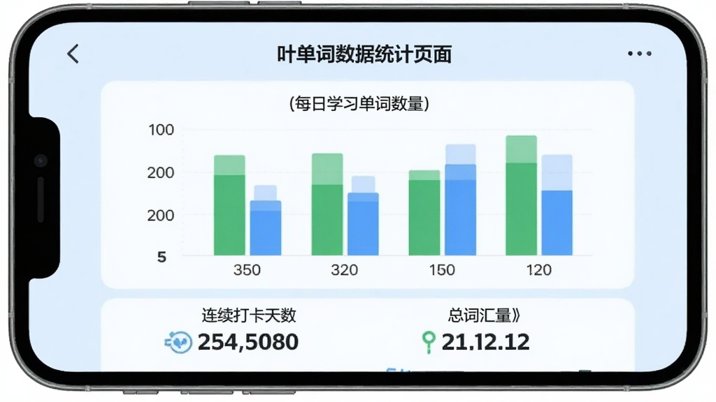一叶单词数据统计页面,手机屏幕显示柱状图展示每日学习单词数量,下方有连续打卡天数和总词汇量数字,背景为浅蓝色,图表颜色为绿色和蓝色,风格现代扁平,画质干净无多余元素