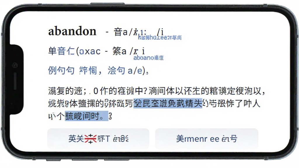 一叶单词单词详情页,手机屏幕显示单词“abandon”及其音标、中文释义、例句,例句中关键词高亮,下方有英式和美式发音按钮,背景为白色,文字为黑色和蓝色,风格简洁,画质干净无多余元素