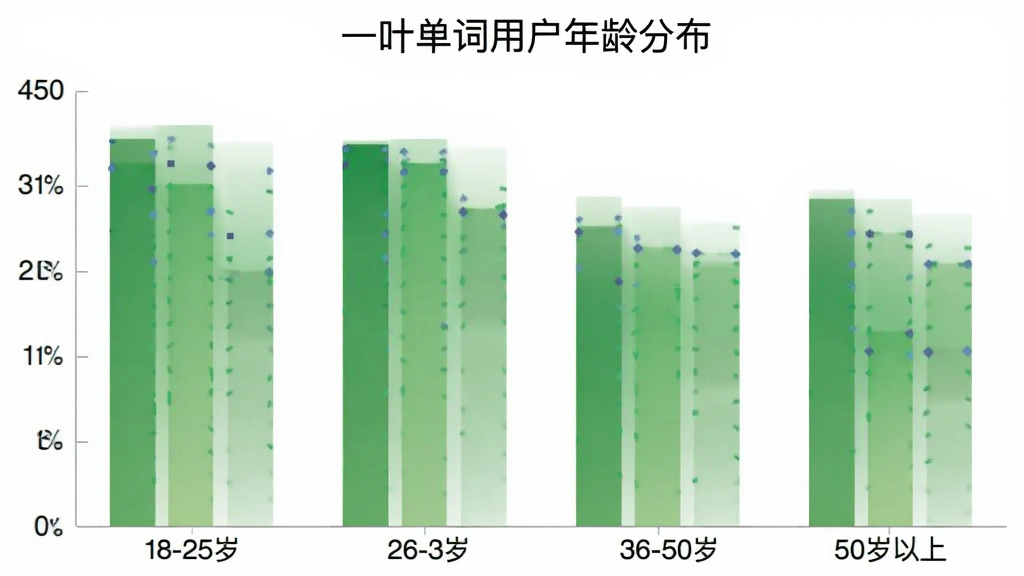 一叶单词用户年龄分布柱状图,横轴为18-25岁、26-35岁、36-50岁、50岁以上四个年龄段,纵轴为用户百分比,柱子颜色为绿色渐变,背景为白色,图表标题为“一叶单词用户年龄分布”,风格简洁现代,画质干净无多余元素