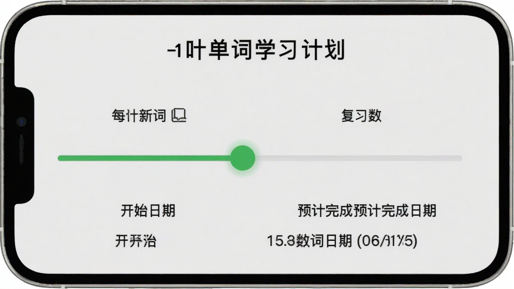 一叶单词学习计划设置界面,手机屏幕显示每日新词数量和复习数量滑块,下方有开始日期和预计完成日期,背景为浅灰色,滑块为绿色,文字为黑色,风格简洁直观,画质干净无多余元素