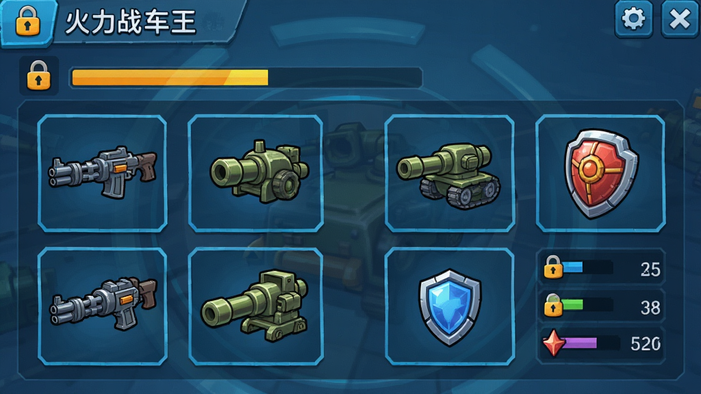 火力战车王游戏内的战车改装界面,画面展示了一辆火力战车和多个可装备的武器模组图标,包括机枪、火炮、护盾等,界面布局清晰,有解锁进度条和属性数值展示,风格为科技感卡通UI,画质干净,无多余元素