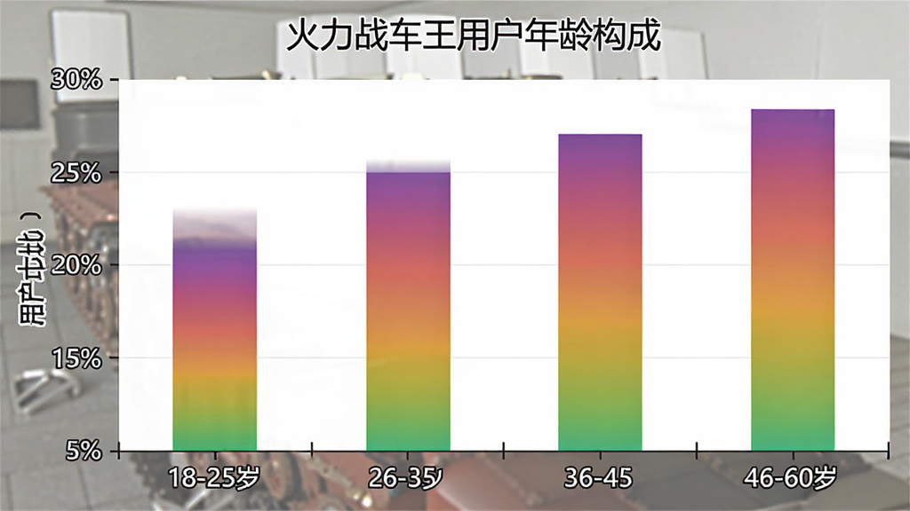 一张柱状图展示火力战车王用户年龄分布,横轴为年龄段18-25岁、26-35岁、36-45岁、46-60岁,纵轴为用户占比百分比,柱体颜色为渐变色,图表标题为火力战车王用户年龄构成,画面简洁清晰,数据直观,无多余元素
