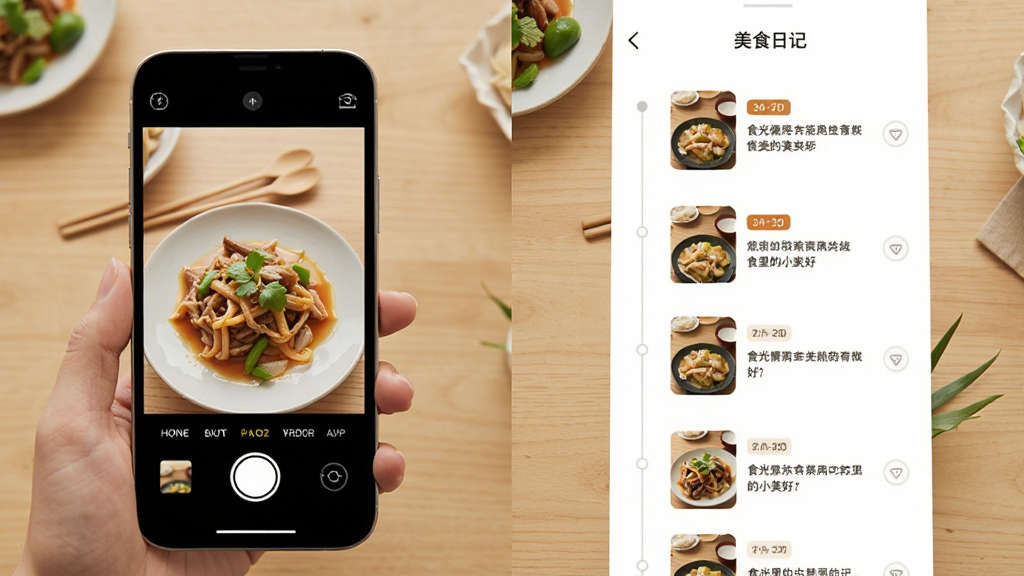 ʳ�����С����App����չʾͼ�������Ϊ���������֣�������ֻ����ռ�¼��ʳ�ĳ������ұ���ʱ�������е���ʳ�ռ��б���ÿ����Ŀ����Сͼ��ʱ���ǩ����������ů��࣬������ǳľɫ���棬�����������޶���Ԫ��