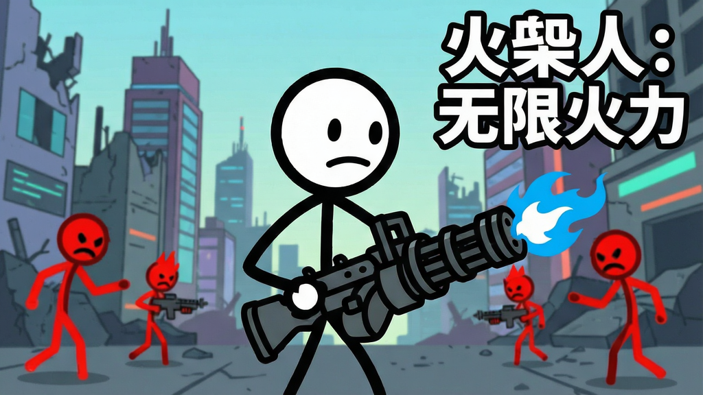 画面中央是一个黑色线条勾勒的火柴人主角,手持一把冒蓝火的加特林机枪,背景是充满科技感的废墟城市,四周有红色火柴人敌人正在靠近,画面右上角写着“火柴人:无限火力”几个白色粗体字,整体采用扁平卡通风格,线条简洁有力,色彩对比鲜明,画质干净清晰,无多余元素