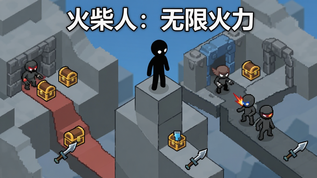 一个黑色火柴人站在由灰色方块搭建的立体地形上方,下方有三条不同路径通向敌人区域,路径上散落着宝箱和武器图标,画面中央上方有“火柴人:无限火力”白色标题文字,整体采用等距视角的扁平插画风格,线条清晰,颜色以黑灰蓝红为主,画质干净,无多余元素