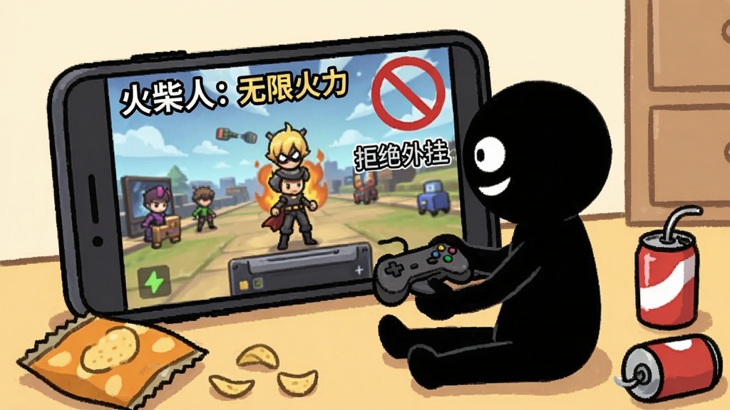 一个黑色火柴人坐在手机屏幕前的地板上,手里拿着游戏手柄,周围散落着薯片和饮料,手机屏幕上显示着“火柴人:无限火力”的游戏画面,画面右上角有一个红色的禁止图标,旁边写着“拒绝外挂”,整体风格为幽默卡通插画,线条简单,色彩温暖,画质干净,无多余元素