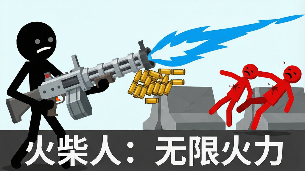一个黑色火柴人站在画面左侧,双手端着一把巨大的银色机枪,枪口喷射出长长的蓝色火焰和密密麻麻的黄色子弹壳,画面右侧是一排被击中的红色火柴人正在向后倒飞,背景是简单的灰色几何掩体,画面底部有“火柴人:无限火力”白色文字,扁平插画风格,线条利落,色彩明快,画质干净,无多余元素