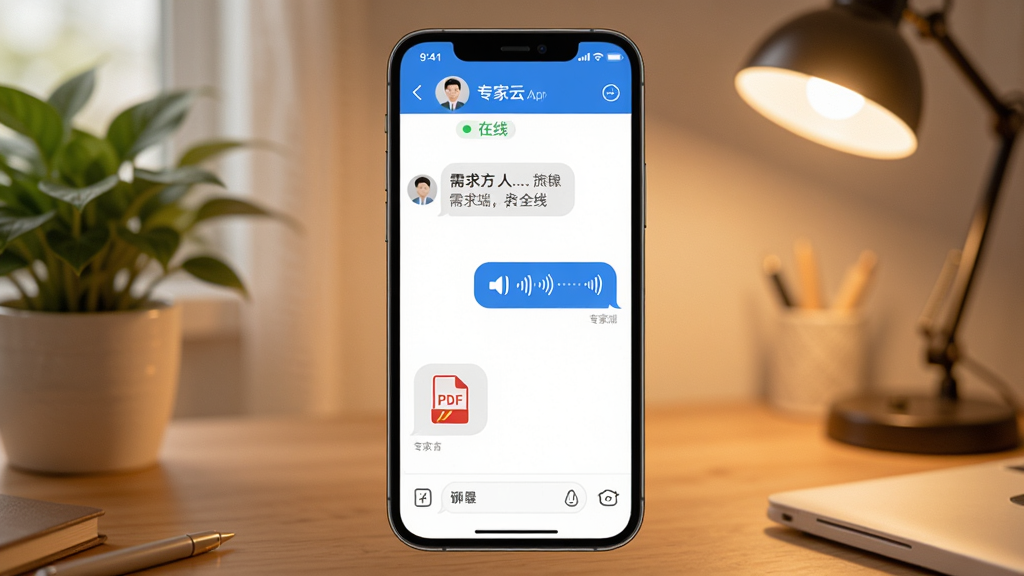 ר����ר�Ҷ����칵ͨ���棬�ֻ���Ļ��ʾר����ר�Ҷ�App�����촰�ڣ���������󷽷�����������Ϣ��һ��PDF�ļ�ͼ�꣬�Ҳ���ר�һظ���������Ϣ���ݣ�������ʾ�Է����ƺ͡����ߡ�״̬����������ܰ�ľӼҰ칫��������ֲ��̨�ơ����дʵ��ܰ�������������޶������Ԫ�ء�