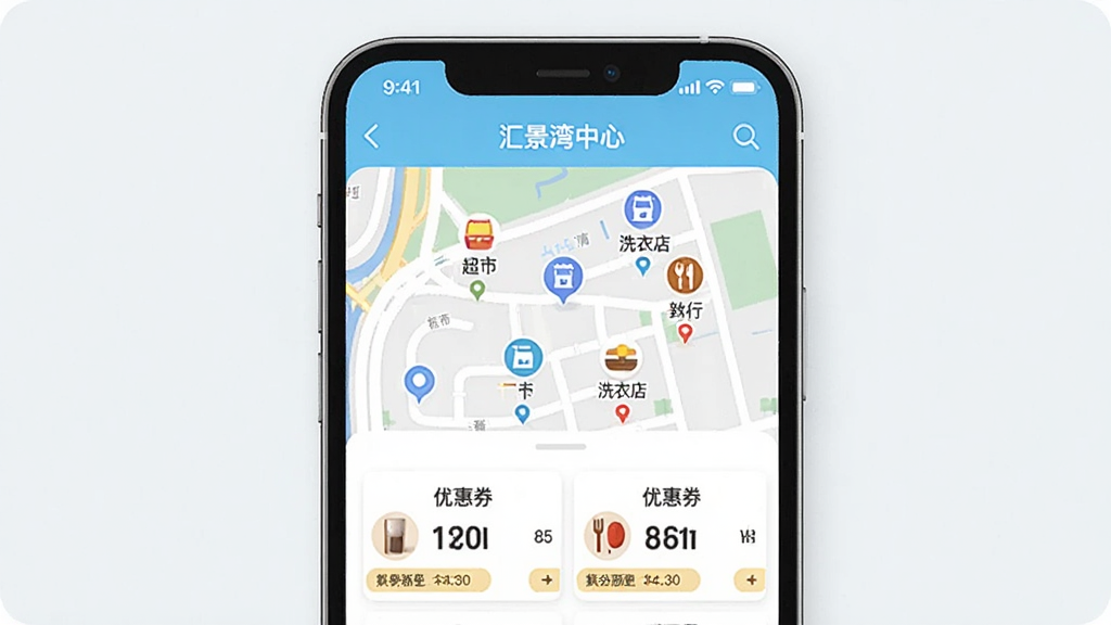 �ֻ���Ļչʾ���㾰�����ġ�APP���ܱ��Ż�ҳ�棬��ͼ�ϱ�ע��С����Χ�ĳ��С�ϴ�µꡢ������ͼ�꣬�·����Ż�ȯ�б���������£��������������ʸɾ����޶���Ԫ��