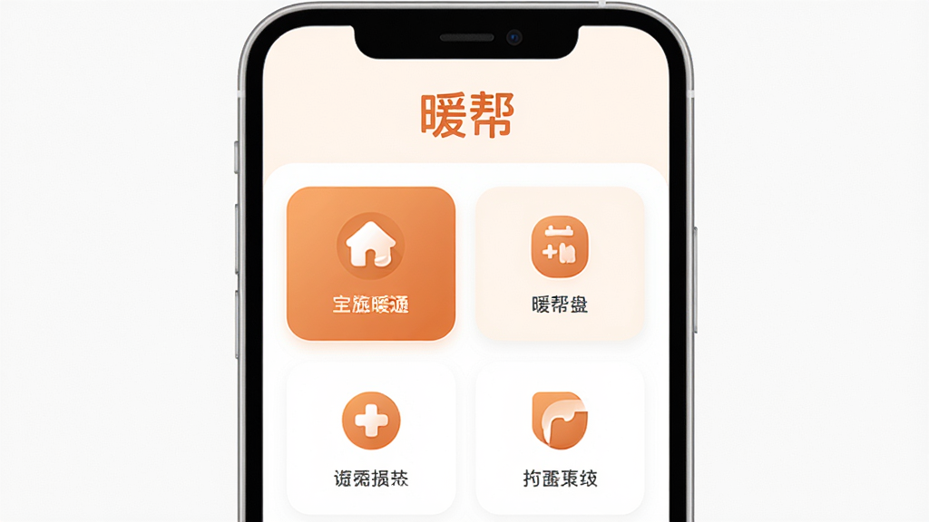 ů��Ӧ��������չʾ������������һ�������ֻ���Ļ����Ļ����ʾů��App����ҳ�������С�ů�������ҳ�沼�ְ������������Ĺ������ͼ�꣬���������ů�ĳȰ���ɫ������ִ���ƽ��ϸ��Բ�󣬱����ɾ��޶���Ԫ�أ�������������