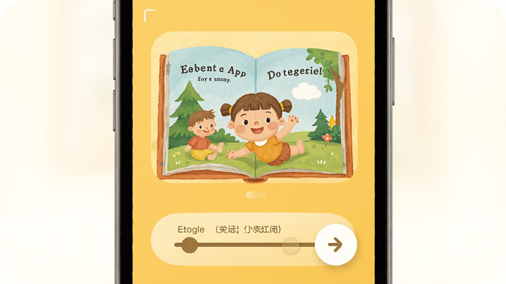 小卜克App护眼模式界面特写,屏幕呈现暖黄色调,中间有绘本内容展示,底部有定时关闭的设置滑块,界面简洁,按钮圆润,扁平设计风格,画质干净,无多余元素