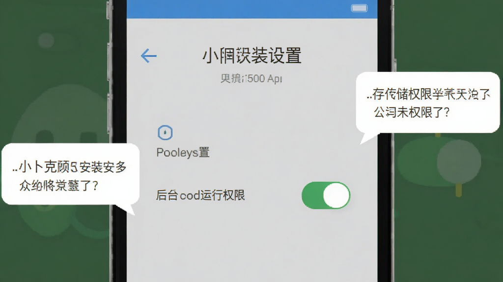 小卜克App安装设置界面截图风格示意图,画面展示手机屏幕上的权限设置页面,有存储权限和后台运行权限的开关按钮,旁边有提示文字气泡,扁平UI风格,画质干净,无多余元素