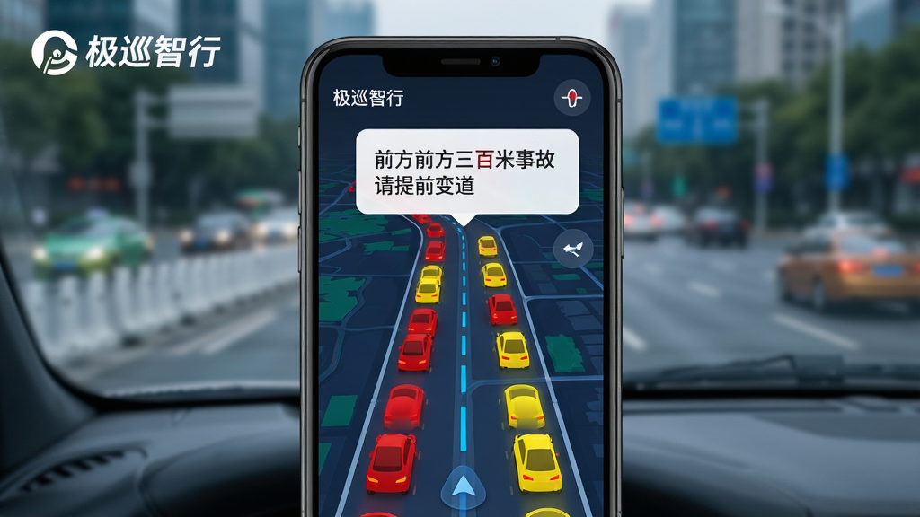 极巡智行实时路况播报功能展示,手机屏幕显示地图界面,前方路段用红色和黄色标注拥堵程度,屏幕上方弹出一个小卡片写着前方三百米有事故请提前变道,极巡智行的logo在左上角,背景是城市道路的实景虚化,整体风格科技感十足但不过度花哨,画质清晰明亮,无杂乱元素