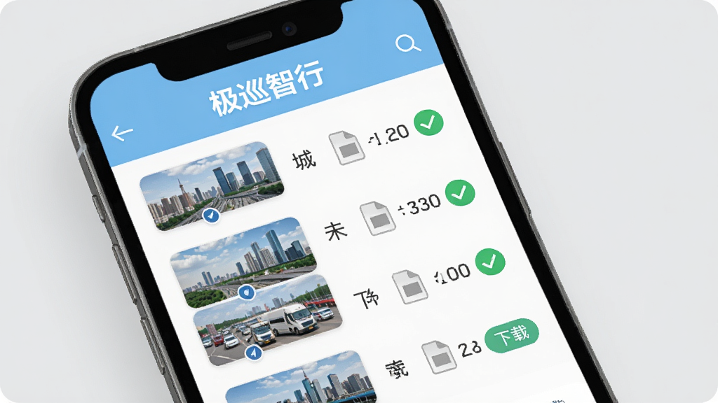 极巡智行离线地图下载界面展示,手机屏幕显示城市列表和下载按钮,已下载的城市旁边有绿色对勾,未下载的显示文件大小,界面顶部有极巡智行的文字标识,整体布局清晰,配色以浅蓝和白色为主,背景是简约的浅灰色,画质干净,无多余装饰元素