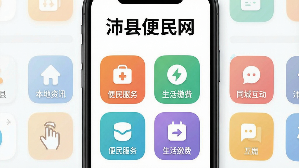一张展示沛县便民网App核心功能的手机界面合集图,画面主体是一部智能手机,屏幕上显示沛县便民网App的主页,顶部有醒目的