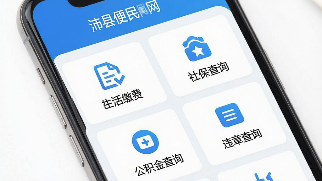 一张展示沛县便民网App便民服务功能界面的图片,画面主体是手机屏幕,屏幕上显示