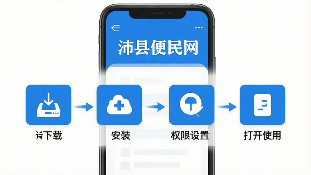 一张展示沛县便民网App安装使用步骤的示意图,画面主体是手机屏幕,屏幕上以流程图形式展示下载、安装、权限设置、打开使用的四个步骤,每个步骤配有简洁的图标和文字说明,顶部有
