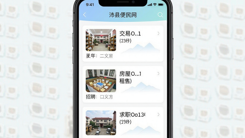 一张展示沛县便民网App同城互动板块的手机界面图,画面主体是手机屏幕,屏幕上显示