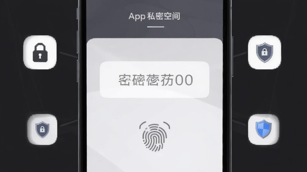 寻念App私密空间界面,手机屏幕显示密码输入框和指纹识别图标,屏幕周围有锁和盾牌的小图标,背景深灰色调,风格安全稳重,细节简洁,画质清晰,无多余元素