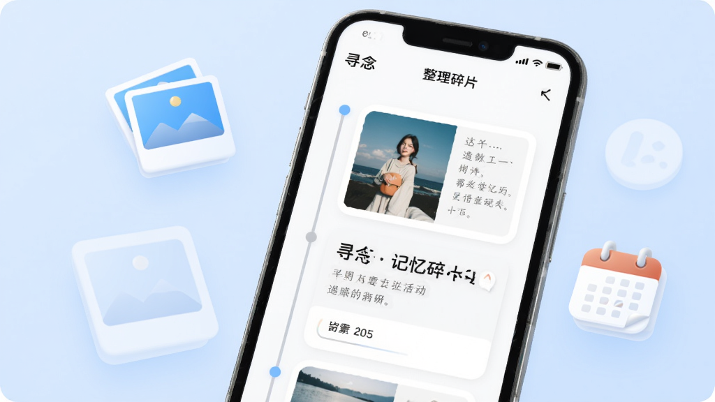 寻念App记忆碎片整理功能界面,手机屏幕显示时间线排列的照片和文字卡片,屏幕旁边有漂浮的照片图标和日历图标,背景浅蓝色,风格清新现代,细节圆润,画质干净无多余元素