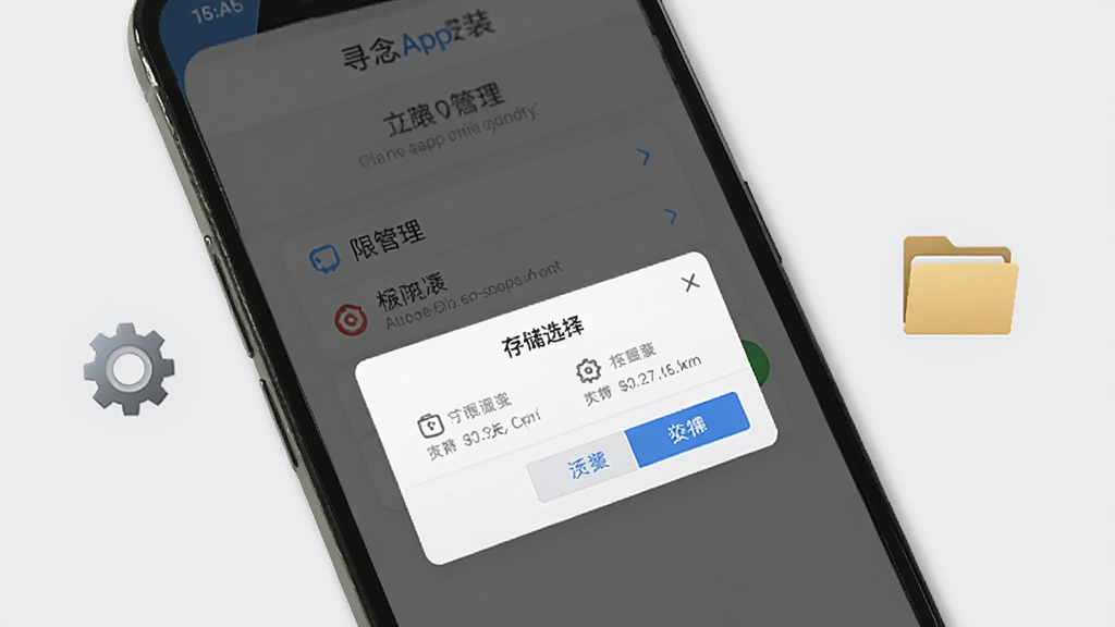 寻念App安装设置界面,手机屏幕显示权限管理页面和存储选择对话框,屏幕旁边有齿轮和文件夹图标,背景浅灰色,风格简洁实用,细节清晰,画质干净无多余元素