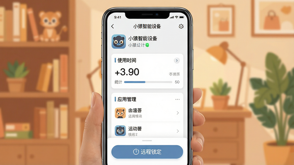一张展示小猿智能设备App核心功能的手机界面图,画面中央是手机屏幕,屏幕内显示小猿智能设备的主界面,顶部有设备连接状态,中间是使用时长统计卡片和应用管理列表,底部有远程锁定按钮,背景是温馨的家庭书房环境,柔和暖色调,扁平化设计风格,细节清晰,画质干净,文字标注为“小猿智能设备”,无多余元素