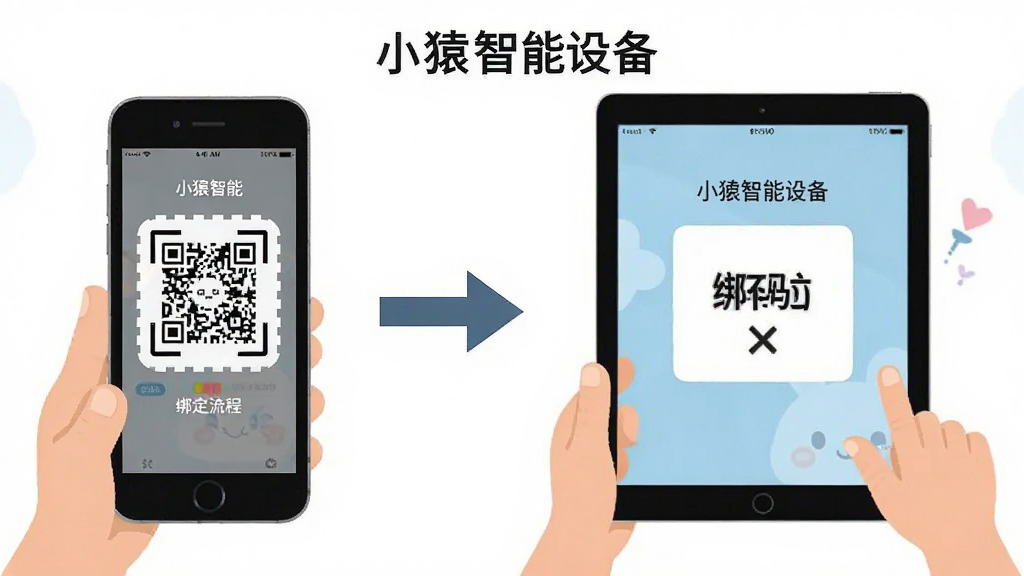 一张展示小猿智能设备绑定流程的示意图,画面分为左右两部分,左侧是家长手机显示扫码界面,右侧是孩子平板显示绑定码,中间有箭头连接,背景简洁白色,扁平化设计风格,文字标注“小猿智能设备”,画质干净,无多余元素