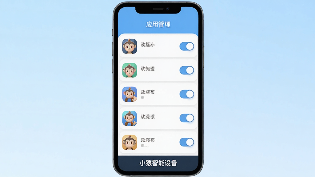 一张展示小猿智能设备应用管理界面的图片,画面中央是手机屏幕,屏幕内显示应用列表,每个应用旁边有开关按钮,顶部有“应用管理”标题,底部有“小猿智能设备”文字标识,背景是浅蓝色渐变,扁平化设计风格,图标圆润,画质干净,无多余元素