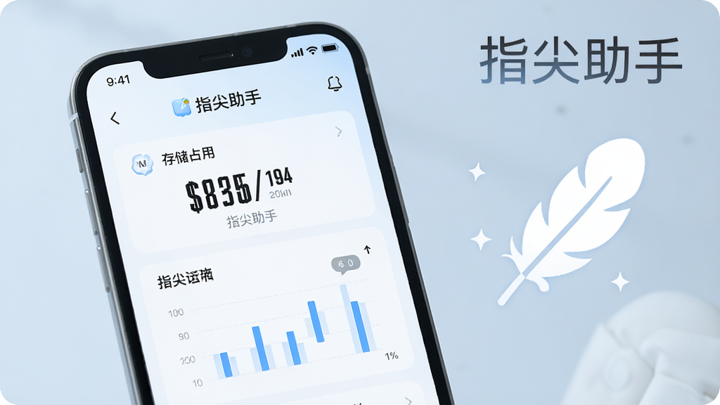 一张展示指尖助手轻量运行特点的图片,画面中手机屏幕显示指尖助手的存储占用信息,界面简洁,以白色和浅蓝色为主,有清晰的数字和图表展示,旁边有一个轻盈的羽毛图标作为装饰,整体风格清新,画质干净,画面中带有「指尖助手」文字