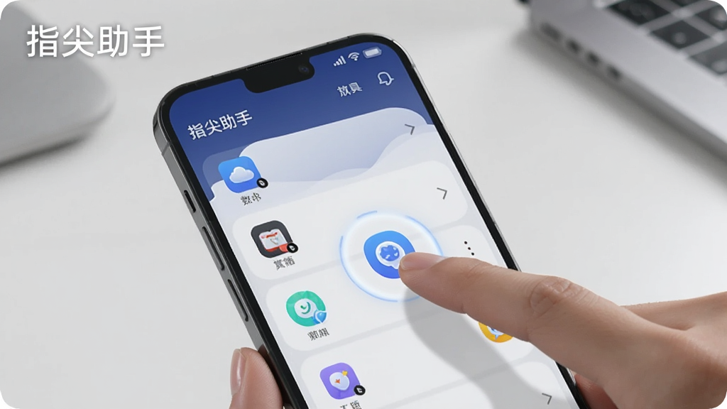 一张展示指尖助手在手机上运行流畅的图片,画面中一部手机屏幕显示指尖助手的工具列表界面,手指正在点击其中一个图标,界面响应迅速,图标有按压反馈效果,背景是简洁的桌面,整体风格现代,画质清晰,画面中带有「指尖助手」文字