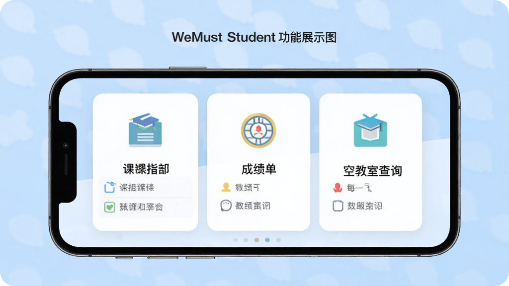 WeMust Student 功能展示图,画面中央是手机屏幕,屏幕内显示课表、成绩单、空教室查询三个模块的卡片式布局,每个卡片有图标和文字标签,背景为浅蓝色渐变,风格扁平化,细节干净,画质清晰,无多余元素