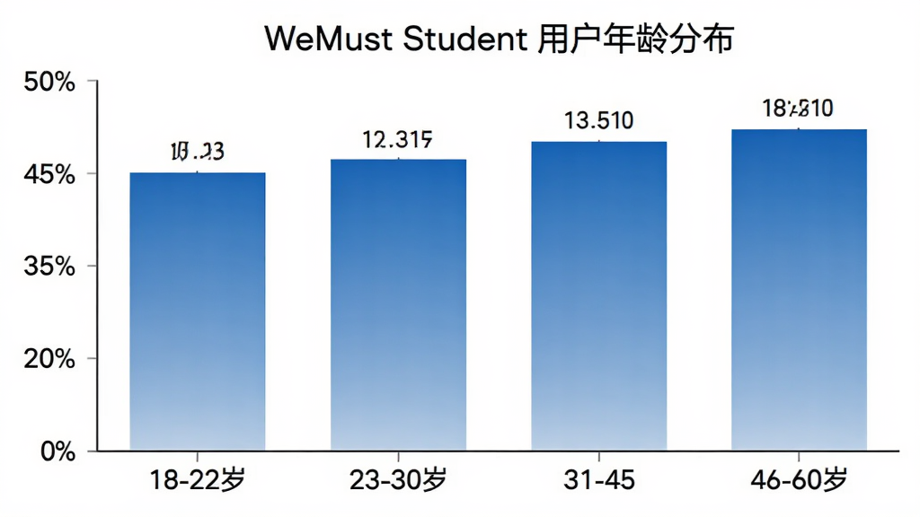 WeMust Student 用户年龄分布柱状图,横轴为年龄段18-22岁、23-30岁、31-45岁、46-60岁,纵轴为用户占比,柱状颜色为蓝色渐变,图表标题为“WeMust Student 用户年龄分布”,背景白色,风格简洁,数据标签清晰,画质干净,无多余元素