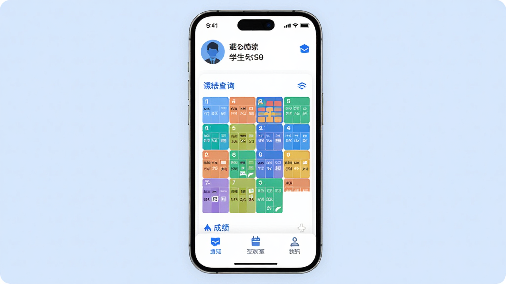 WeMust Student 校园生活助手 App 界面展示,主体为一部智能手机,屏幕显示课表查询和成绩查看功能页面,布局清晰,顶部显示学生姓名和学号,中间是彩色课表网格,底部为通知、空教室、我的三个选项卡,风格现代简约,蓝白配色,细节圆润,画质干净,无多余元素