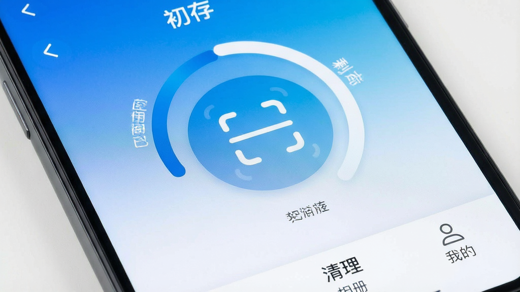 一张手机屏幕特写,屏幕上显示着“初存”APP的主界面,界面中央是一个巨大的圆形扫描按钮,按钮周围环绕着手机存储空间的环形图,显示已用空间和剩余空间,背景是清爽的蓝白渐变色调,界面底部有“清理”、“相册”、“我的”三个图标,整体风格简洁现代,画质清晰,干净无多余元素