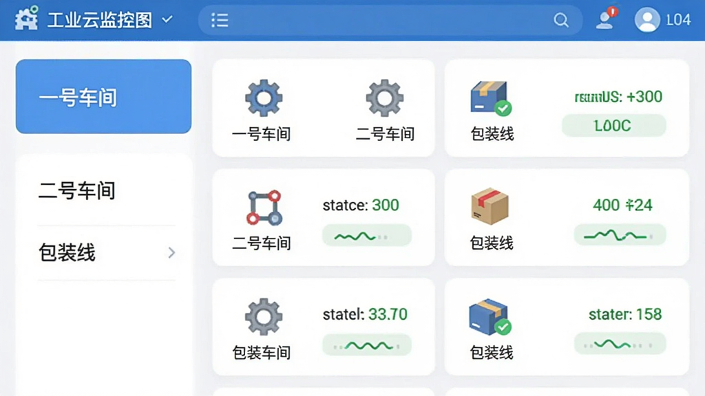 工业云监控App设备分组管理界面,左侧是分组列表“一号车间”“二号车间”“包装线”,右侧显示对应设备图标和状态,界面采用卡片式设计,风格现代扁平,文字标签明确,画质清晰