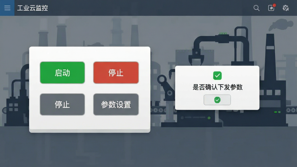 工业云监控App远程控制界面,显示一个虚拟控制面板,有“启动”“停止”“参数设置”按钮,旁边有确认弹窗提示“是否确认下发参数”,背景是工厂设备轮廓,风格专业,布局清晰,画质干净无杂乱元素