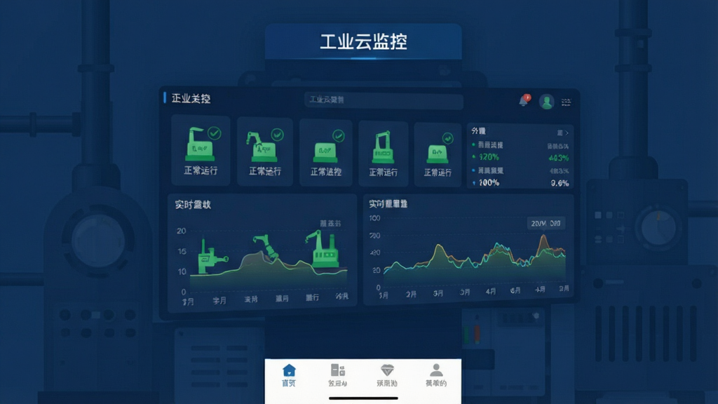 工业云监控手机App主界面截图,画面中央是工厂设备运行状态总览面板,显示着绿色正常运行的设备图标和实时数据曲线,背景是简洁的深蓝色工业风格,界面顶部有“工业云监控”文字标识,底部导航栏清晰,整体布局干净整洁,画质清晰无多余元素