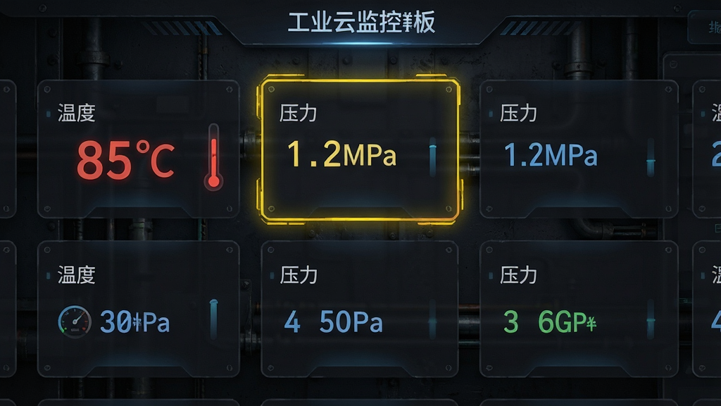 工业云监控App实时数据看板界面,展示多个设备卡片,卡片上有“温度 85℃”“压力 1.2MPa”等数据,其中一张卡片边缘有黄色预警边框,背景是深色工业风,布局整齐,风格科技感,画质清晰
