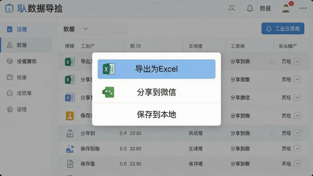 工业云监控App数据导出界面,屏幕显示一个弹窗,有“导出为Excel”“分享到微信”“保存到本地”选项,背景是数据列表,风格简洁实用,布局合理,画质干净