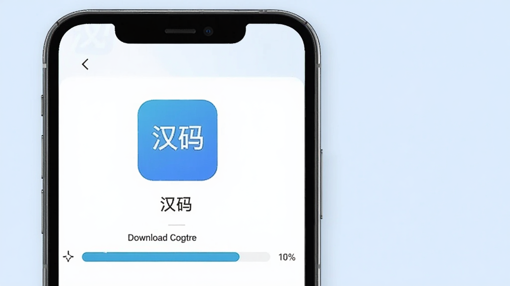 一张展示“汉码”软件安装包小巧的图片,主体为手机屏幕和下载进度条,屏幕内显示“汉码”App下载完成界面,排版简洁,风格现代,细节清晰,画质干净,背景为浅蓝色,突出下载速度快和体积小的特点