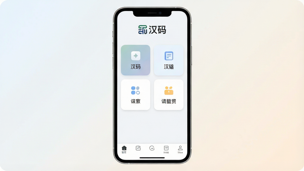 一张展示“汉码”软件核心全貌的图片,主体为一部智能手机,屏幕显示“汉码”App主界面,界面布局简洁,顶部有“汉码”Logo,中间为功能入口卡片式排列,底部为导航栏,排版清晰整齐,风格现代扁平化,细节圆润,画质干净无多余元素,背景为浅色渐变,整体给人清爽实用的感觉