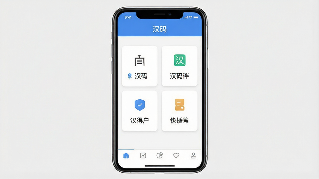 一张展示“汉码”App界面设计的图片,主体为手机屏幕特写,屏幕内显示“汉码”主界面,布局为顶部标题栏、中部功能卡片、底部导航栏,排版整齐,风格极简扁平化,细节精致,画质干净清晰,无多余装饰元素,背景为纯色,突出界面本身的清爽感