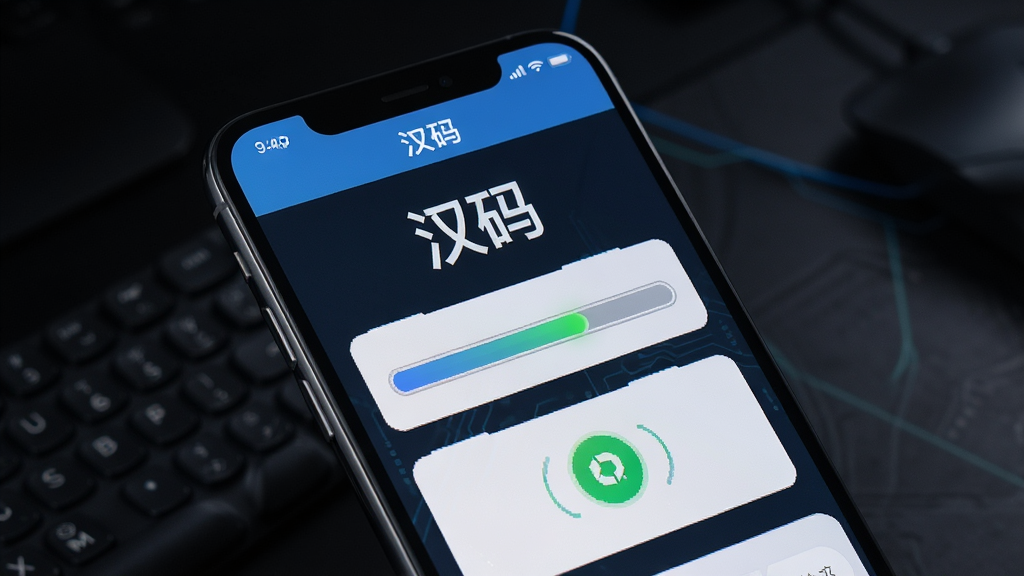 一张展示“汉码”软件功能运行流畅的图片,主体为手机屏幕,屏幕内显示“汉码”App正在执行任务,界面中有进度条或状态指示图标,排版简洁,风格科技感十足但不过度,细节清晰,画质干净,背景为深色系,突出软件运行的高效与稳定