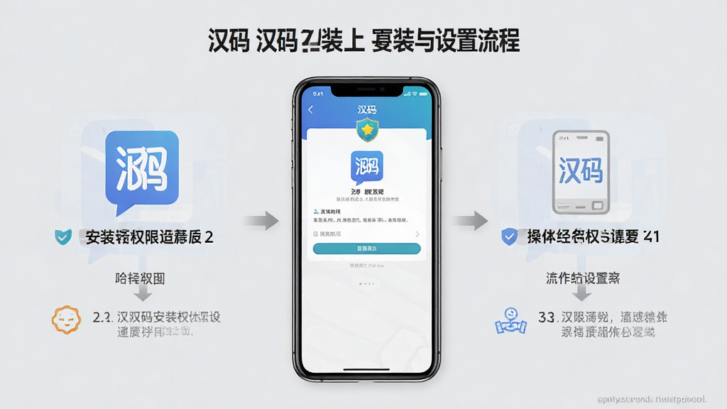 一张展示“汉码”App在手机上安装与设置流程的图片,主体为手机屏幕,屏幕内显示“汉码”安装权限设置界面,排版分步骤展示,风格简洁明了,细节清晰,画质干净,背景为浅灰色,突出操作引导的便捷性
