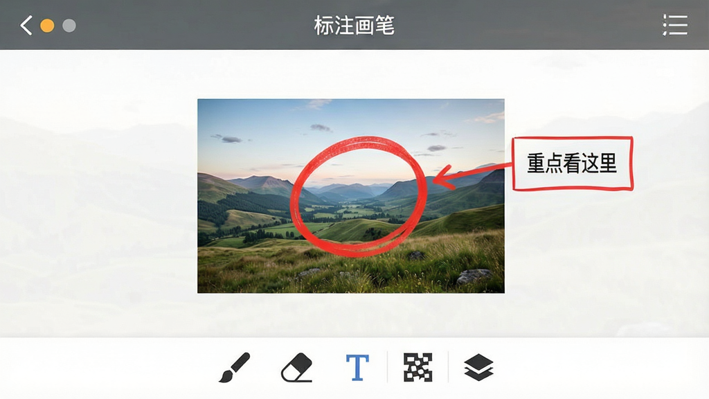 一张手机屏幕截图,屏幕上显示着“标注画笔”软件的主界面,界面中央是一张风景照片,照片上有人用红色画笔圈出了一个重点区域,旁边有箭头和文字框标注着“重点看这里”,界面底部是画笔、橡皮擦、文字、马赛克、图层等工具图标,整体布局清晰,风格简洁现代,画质干净,无多余元素