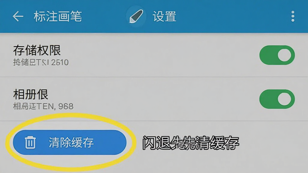一张手机屏幕截图,展示“标注画笔”在安卓手机上的权限设置界面,界面中显示存储权限和相册权限已开启,下方有“清除缓存”按钮被高亮圈出,旁边有文字标注“闪退先清缓存”,整体风格为系统设置原生界面,画质清晰,无多余元素