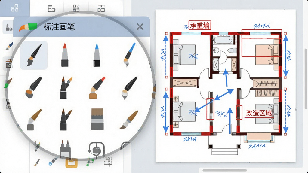 一张软件功能展示图,画面中展示“标注画笔”的工具栏被放大,左边是各种画笔图标,右边是画布,画布上有一张房屋户型图,图上用蓝色的箭头和红色的矩形框标注了“承重墙”和“改造区域”,风格为扁平化UI设计,画质清晰,无杂乱元素