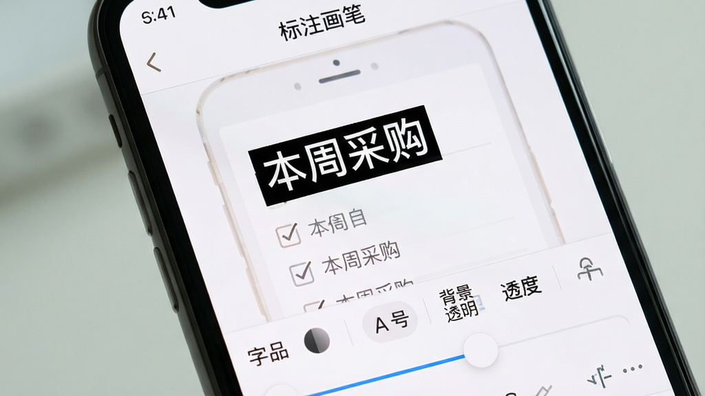 一张手机屏幕特写,展示“标注画笔”的文字编辑界面,屏幕中央是一张购物清单截图,用户正在用文字工具在清单顶部输入“本周采购”四个字,字体为白色,带有半透明黑色背景条,下方工具栏显示字体颜色、字号、背景透明度等调节滑块,整体风格干净清爽,无多余元素